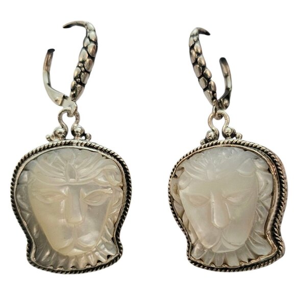 Sarda Sterling Silver Mother-of-Pearl Carved Lion Lever Back Earrings, Signed - Picture 3 of 10